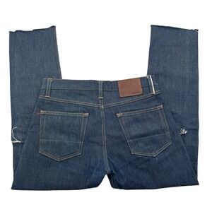 Gustin Jeans Mens 31 Blue Denim Selvedge Distressed Mid-Rise Raw Hem Button Fly